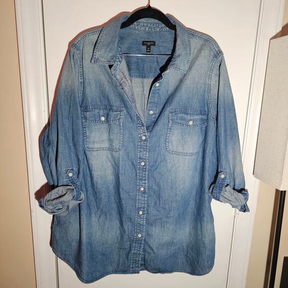 Talbots Denim Button Up Roll Tab Sleeve Sz 2X 100% Cotton Soft Minimalist - Picture 1 of 7